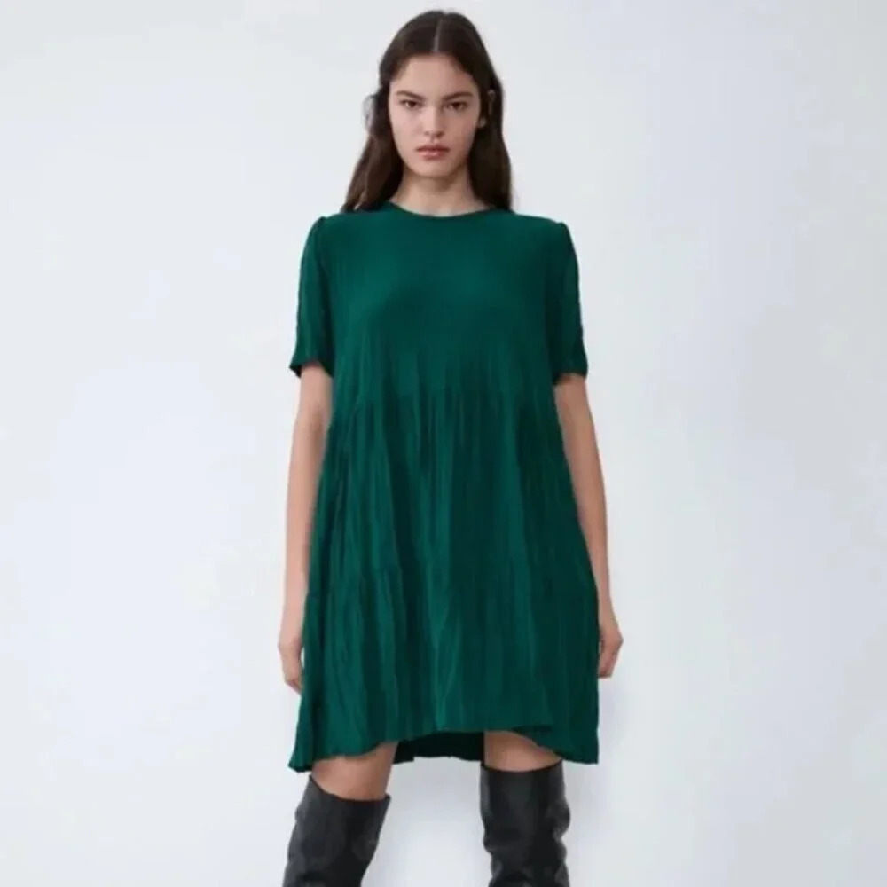 Zara Wrinkle Look Babydoll Tiered Dress Teal Size Small
